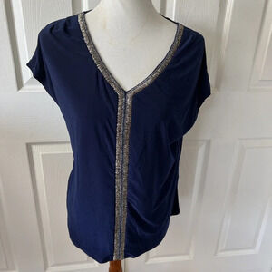 PerSeption Concept Womens Top Size Large Blue Beaded Stretch Silver Slinky